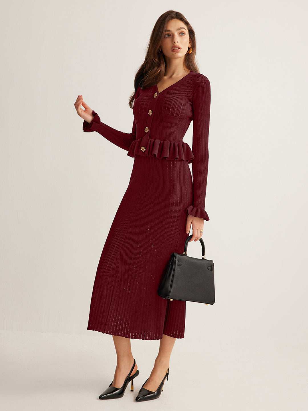 Ruffle Slim Sweater Dress  Liora Lane Boutique Sweater Dresses Burgundy / XL 162.99