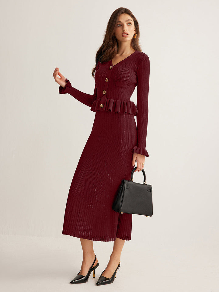 Ruffle Slim Sweater Dress  Liora Lane Boutique Sweater Dresses Burgundy / XL 162.99