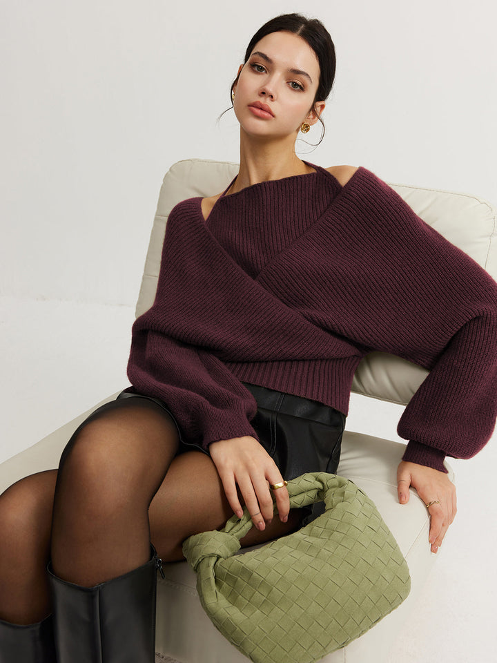 2 in 1 Bat Sleeve Halter Knit Top  Liora Lane Boutique Knit Tops Burgundy / XL 48.00