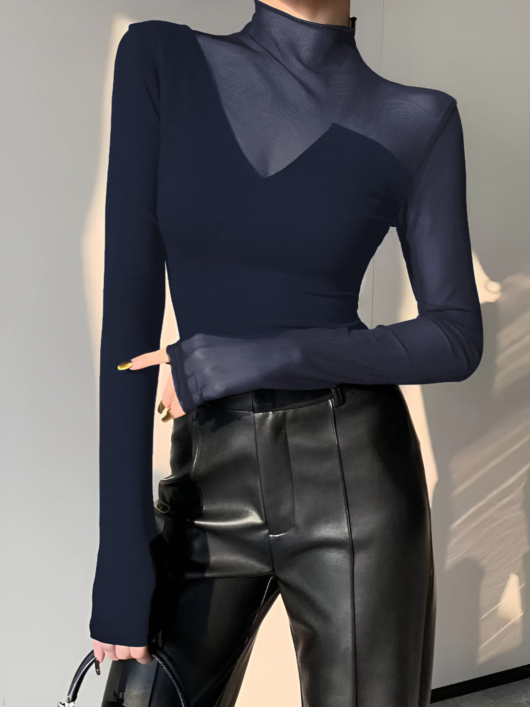 Asymmetrical Sheer Mesh Panel T-Shirt  Liora Lane Boutique T-Shirts Navy / XL 22.00