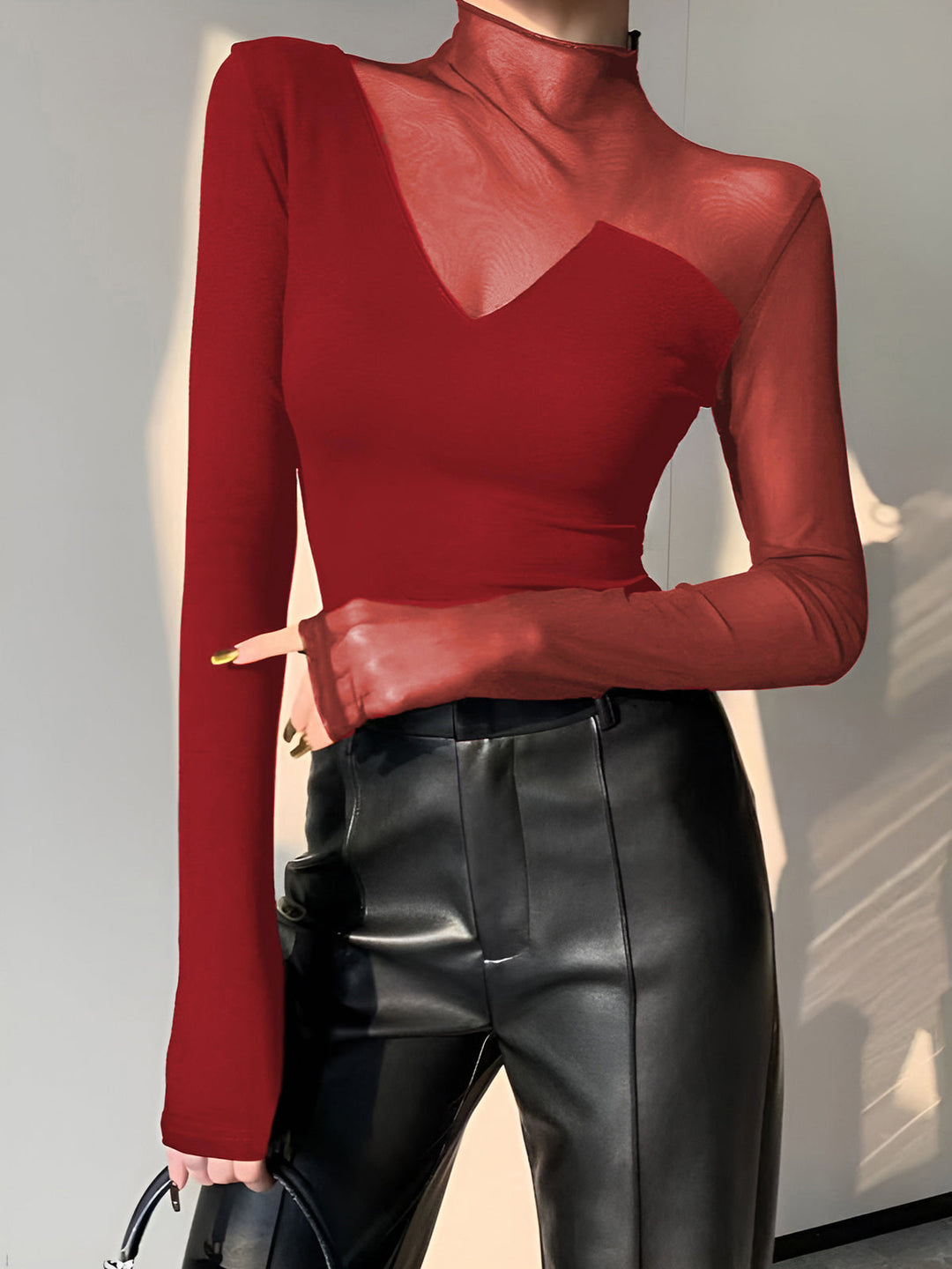 Asymmetrical Sheer Mesh Panel T-Shirt  Liora Lane Boutique T-Shirts Red / XL 22.00