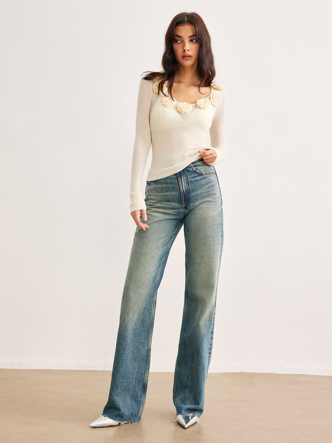 3D Flower Semi-Sheer Knit Top  Liora Lane Boutique Knit Tops