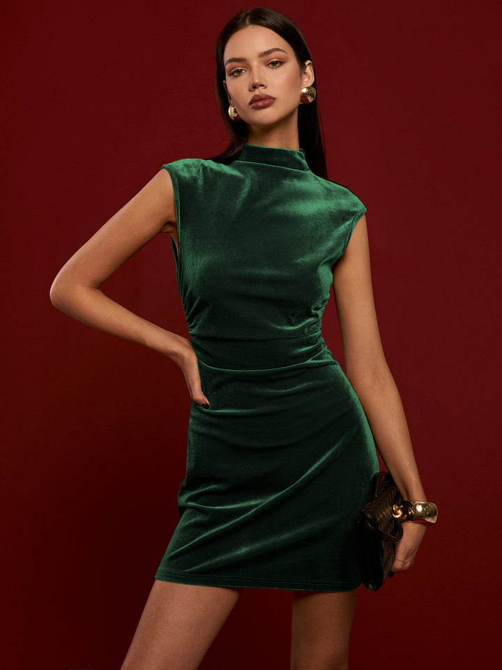 Mock Neck Sleeveless Velvet Dress  Liora Lane Boutique Dresses Dark Green / XL 28.00