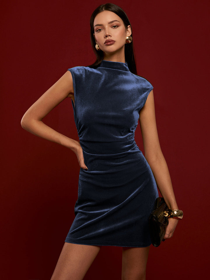 Mock Neck Sleeveless Velvet Dress  Liora Lane Boutique Dresses Navy / XL 28.00