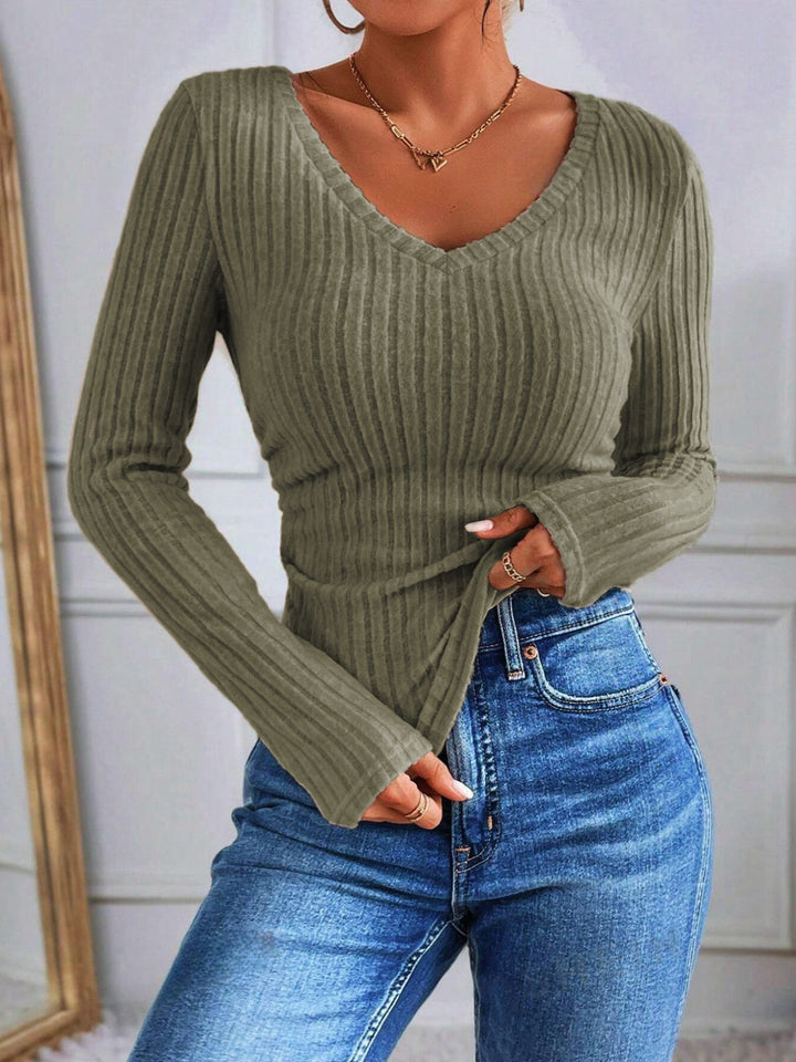 V-Neck Ribbed Skinny T-Shirt  Liora Lane Boutique T-Shirts ArmyGreen / XL 26.00