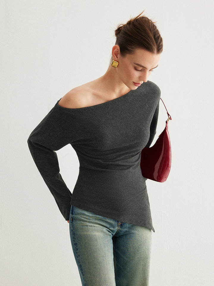 Asymmetrical Neck Slit Cinched Top  Liora Lane Boutique T-Shirts