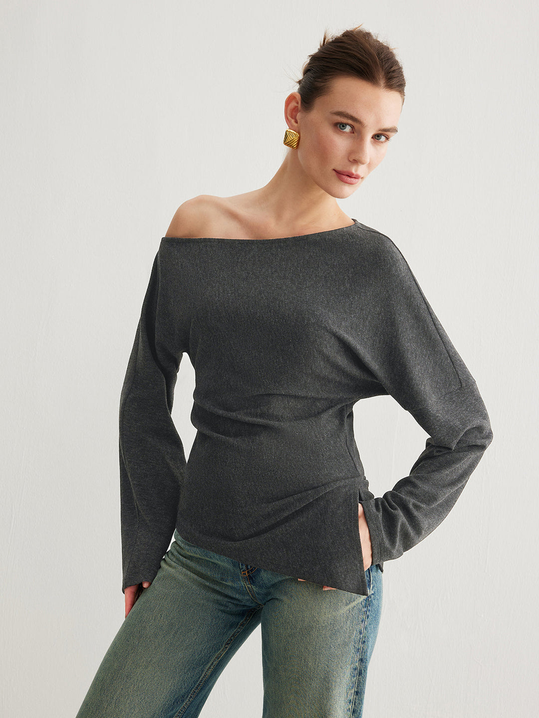 Asymmetrical Neck Slit Cinched Top  Liora Lane Boutique T-Shirts