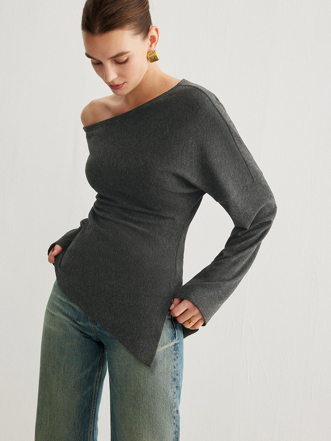 Asymmetrical Neck Slit Cinched Top  Liora Lane Boutique T-Shirts Grey / XL 29.00