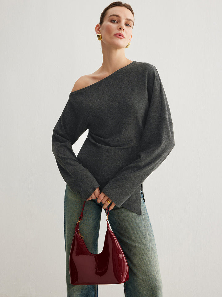 Asymmetrical Neck Slit Cinched Top  Liora Lane Boutique T-Shirts