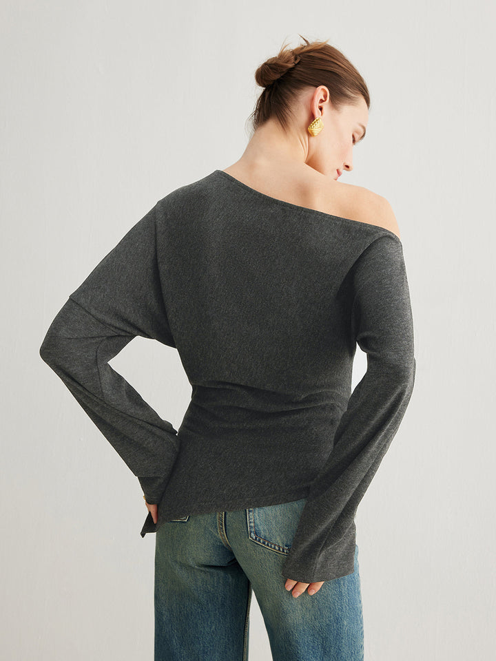 Asymmetrical Neck Slit Cinched Top  Liora Lane Boutique T-Shirts