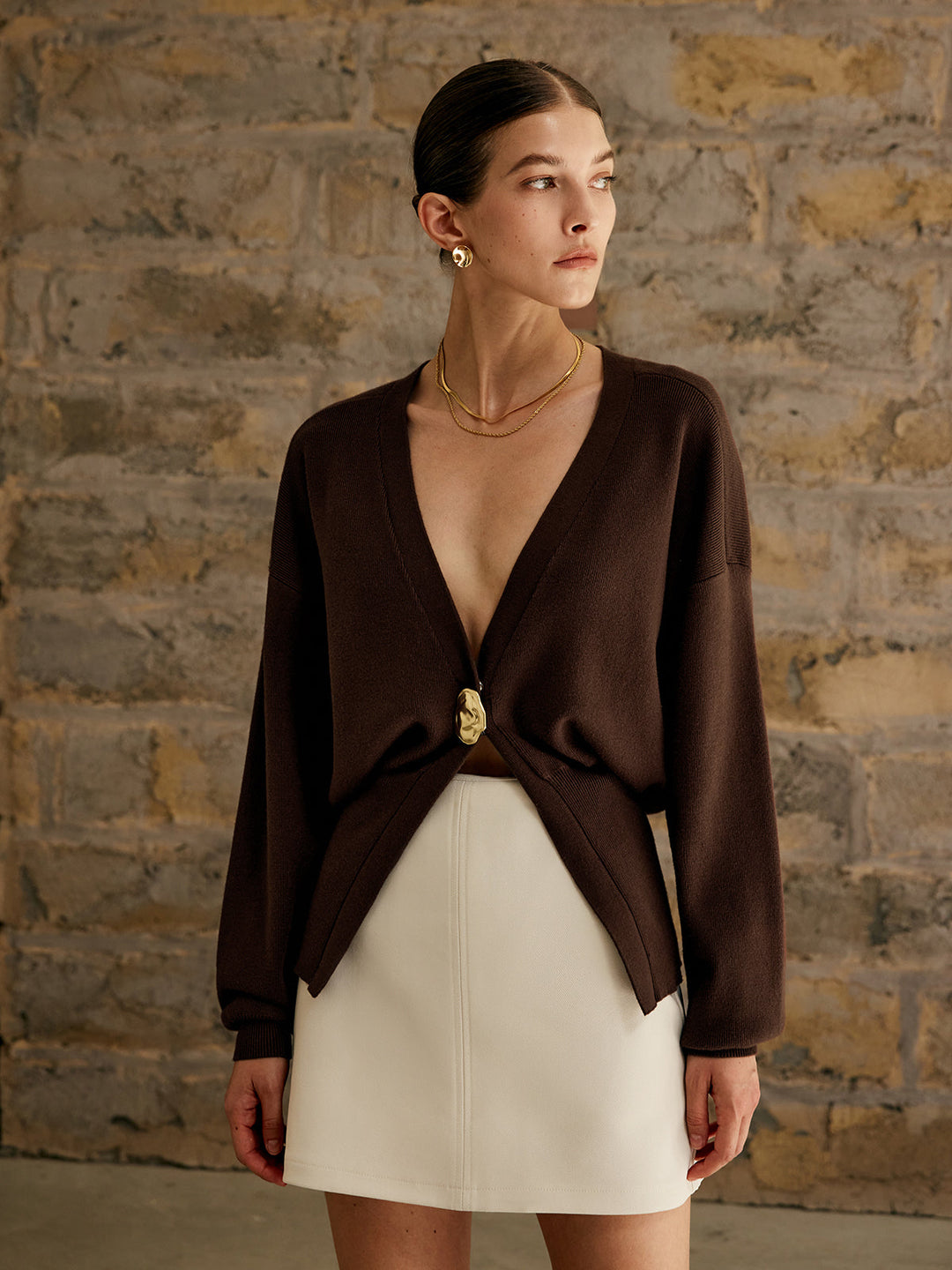 Golden Button Plain Cardigan  Liora Lane Boutique Cardigans Dark Brown / XL 54.00