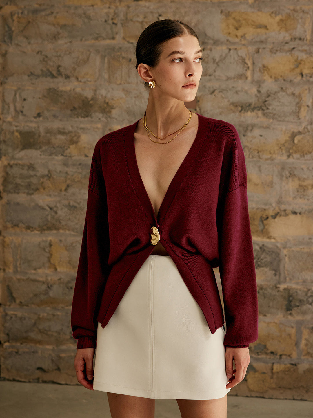 Golden Button Plain Cardigan  Liora Lane Boutique Cardigans Burgundy / XL 54.00