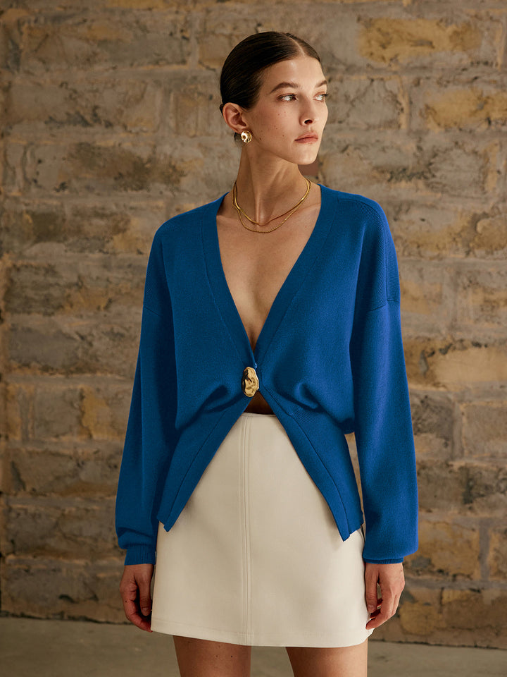 Golden Button Plain Cardigan  Liora Lane Boutique Cardigans Blue / XL 54.00