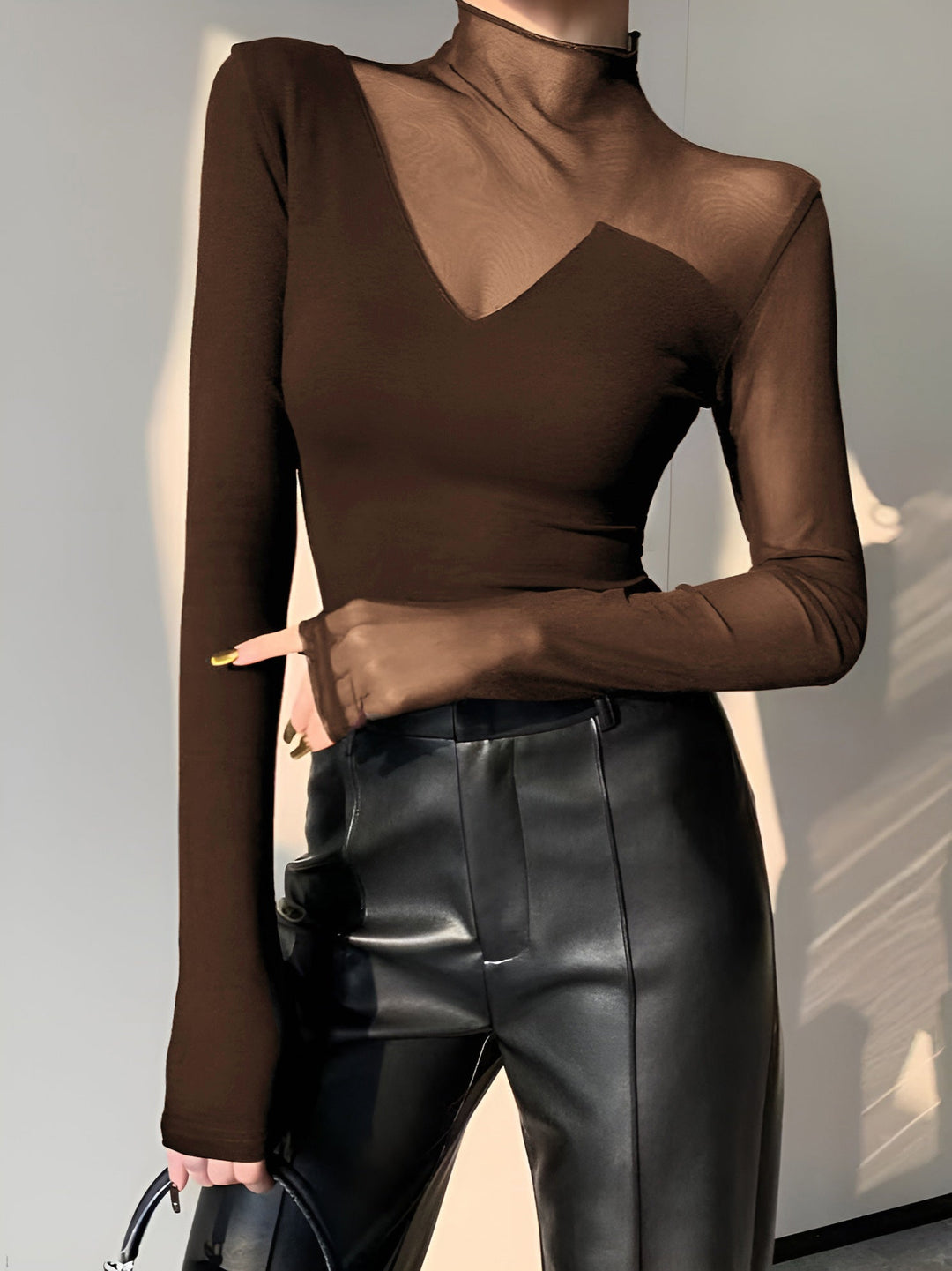 Asymmetrical Sheer Mesh Panel T-Shirt  Liora Lane Boutique T-Shirts Brown / XL 22.00