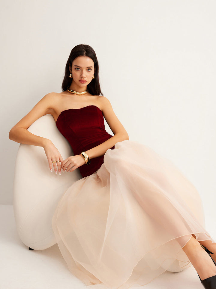 Semi-Sheer Velvet Panel Mesh Tube Dress  Liora Lane Boutique Dresses Burgundy / XL 52.00