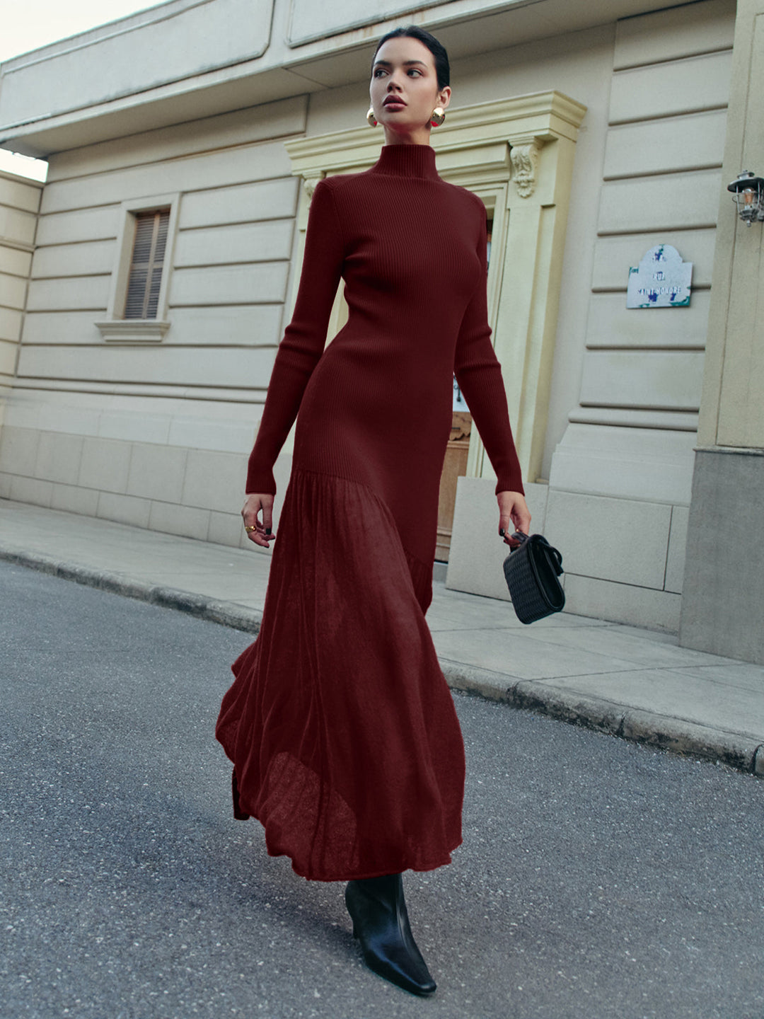 Mock Neck  Pleated Panel Sweater Dress  Liora Lane Boutique Sweater Dresses Burgundy / XL 62.00