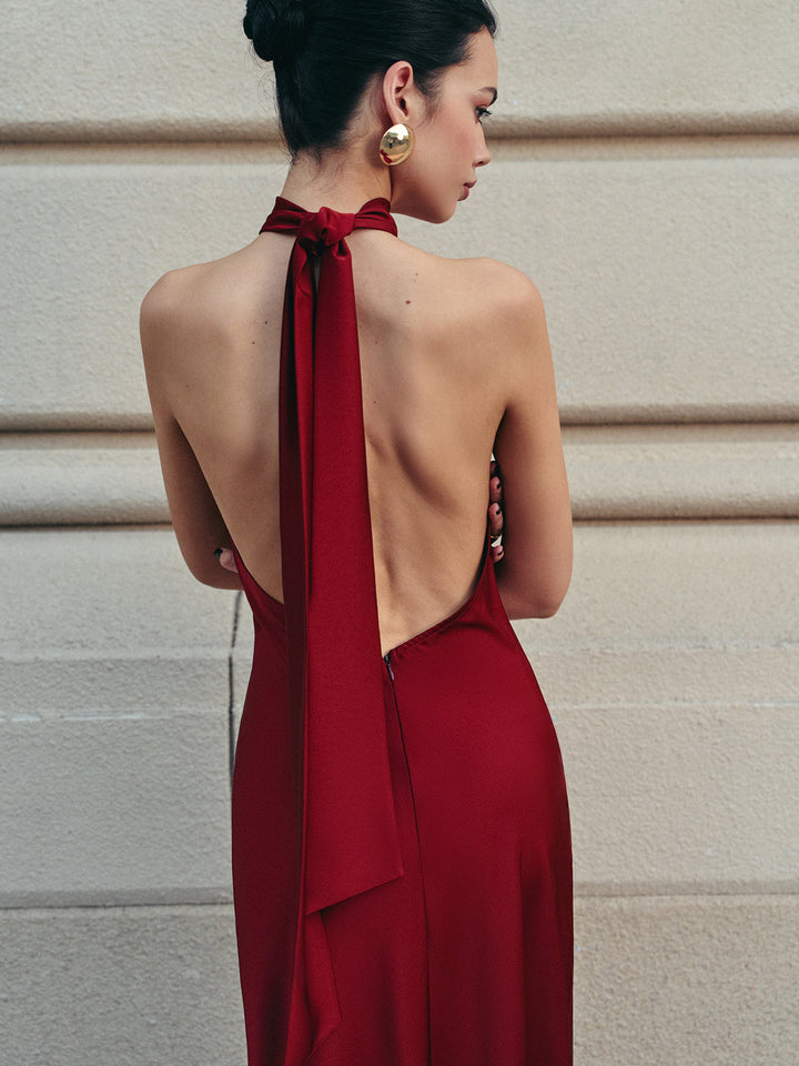 Open Back Satin Halter Dress  Liora Lane Boutique Dresses