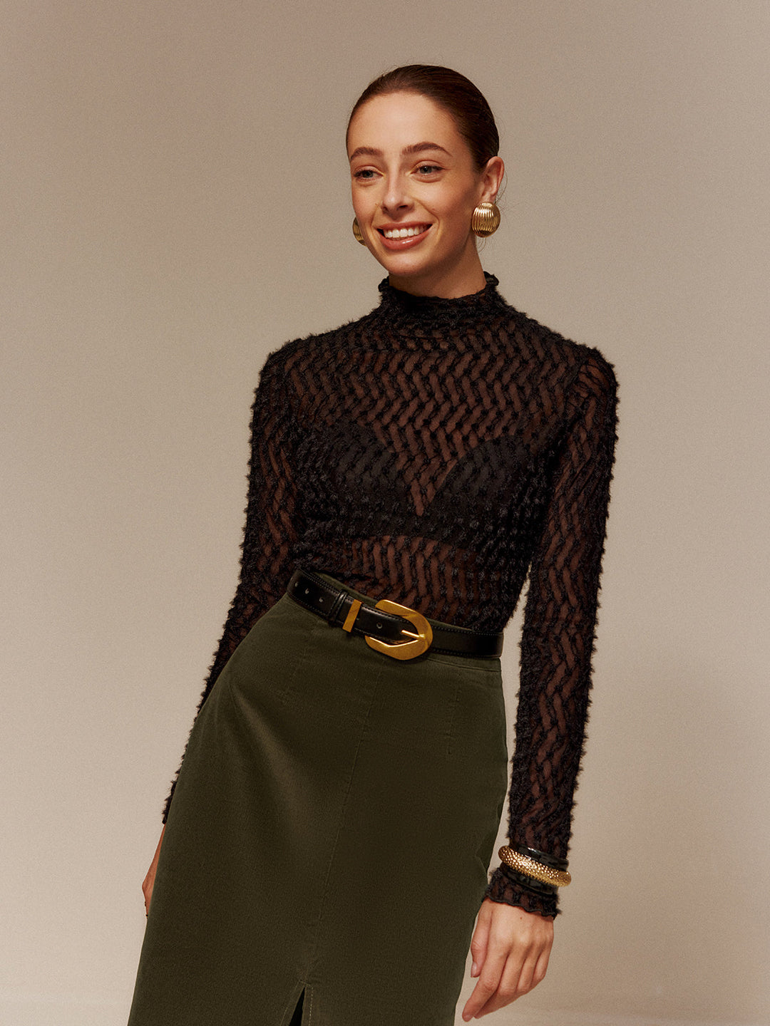 Mock Neck Semi-Sheer T-Shirt  Liora Lane Boutique T-Shirts