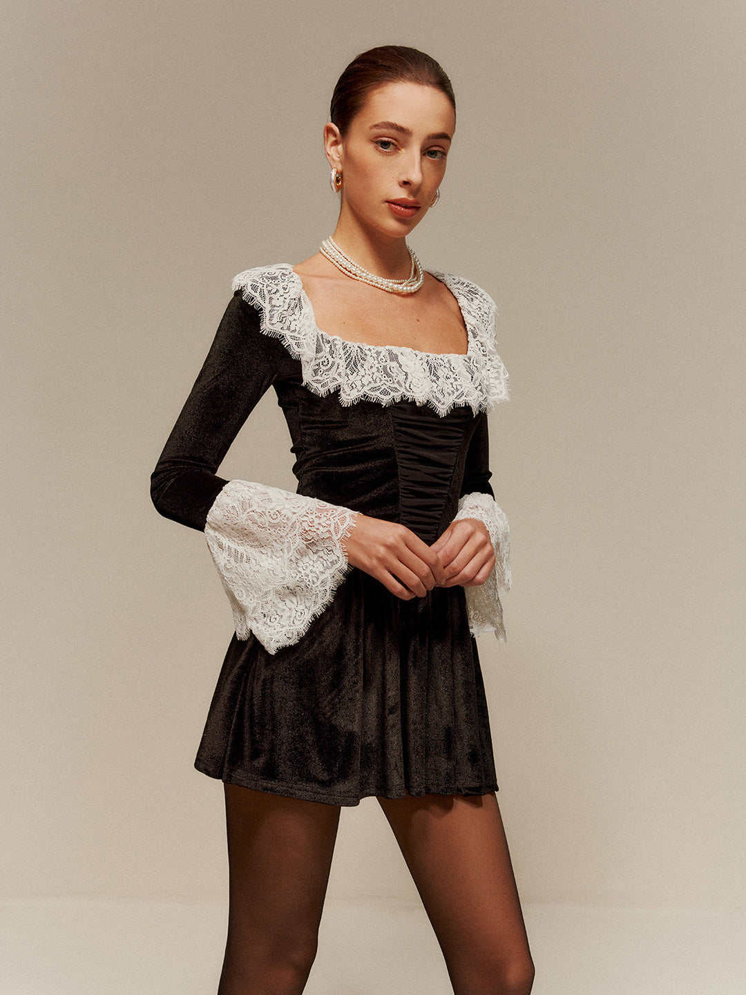 Lace Trim Velvet Short Dress  Liora Lane Boutique Dresses
