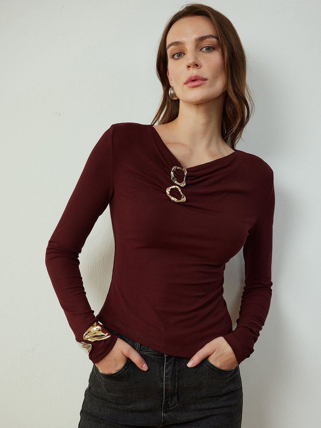 Cowl Neck Metal Decor Slim T-Shirt  Liora Lane Boutique T-Shirts