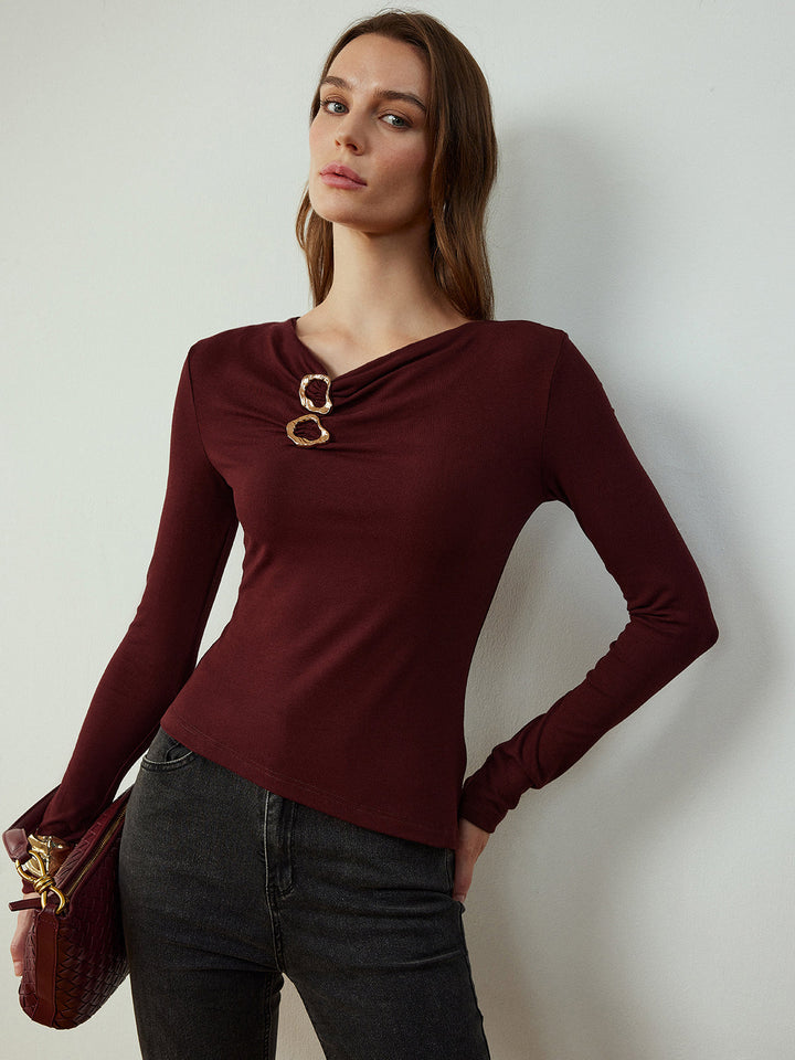 Cowl Neck Metal Decor Slim T-Shirt  Liora Lane Boutique T-Shirts