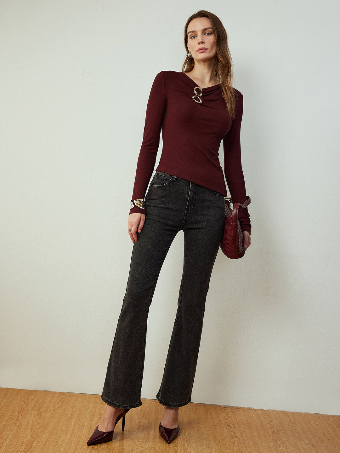 Cowl Neck Metal Decor Slim T-Shirt  Liora Lane Boutique T-Shirts