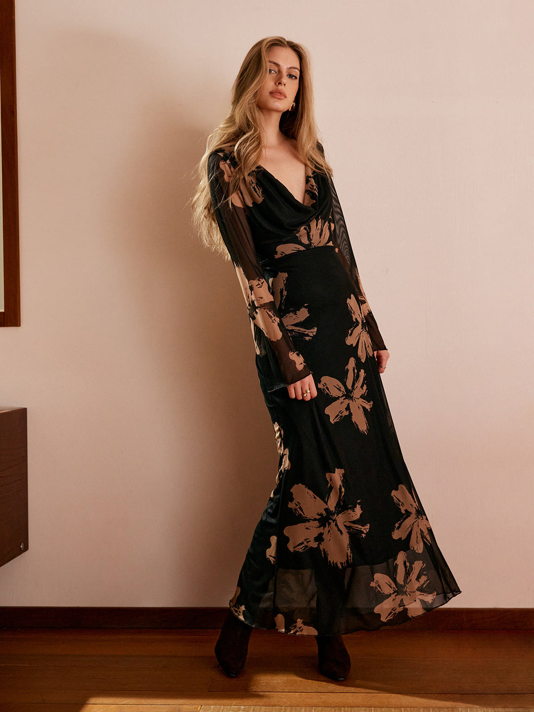 Boheme Printed Cowl Neck Floral Dress  Liora Lane Boutique Floral Dresses