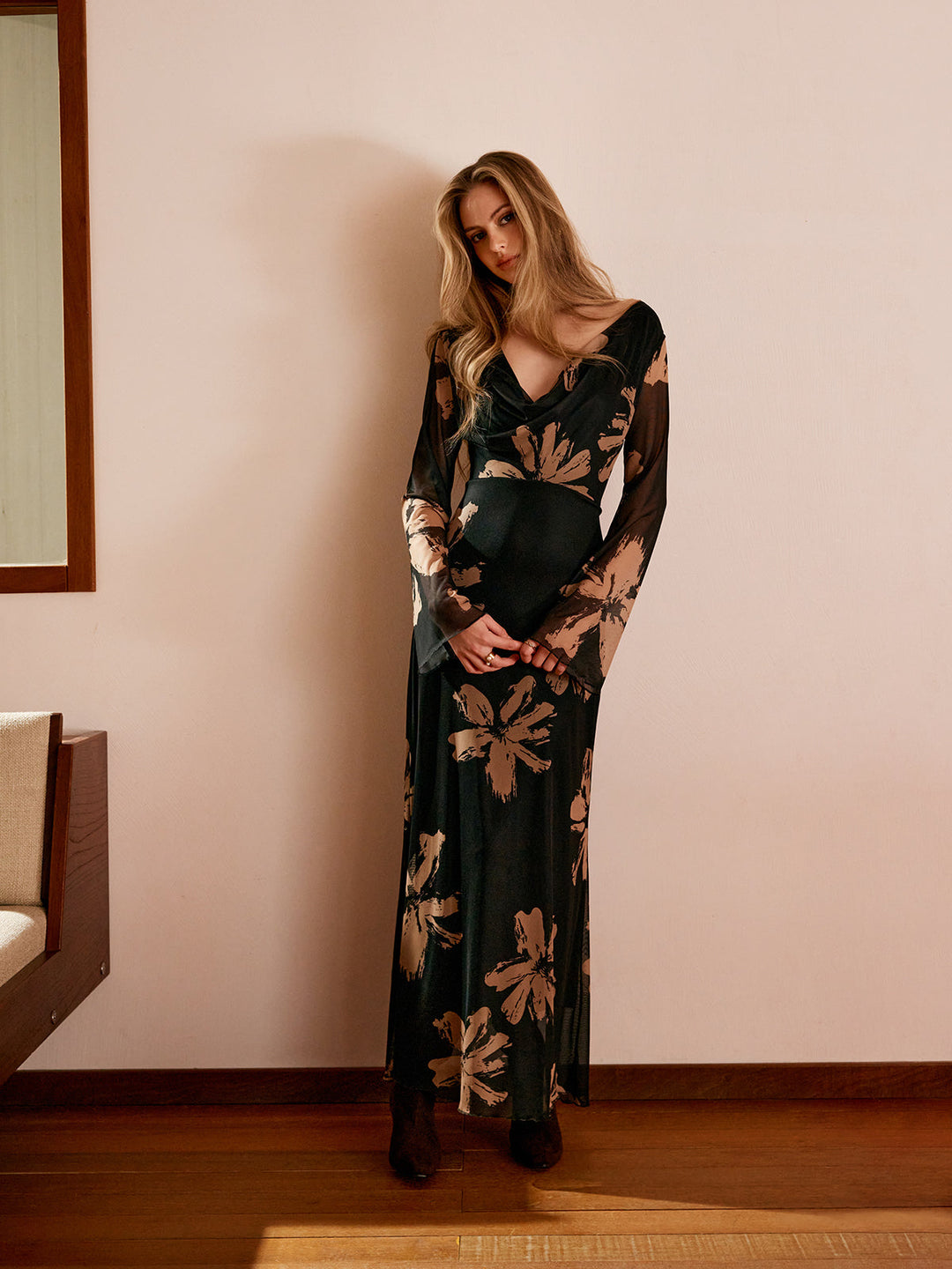 Boheme Printed Cowl Neck Floral Dress  Liora Lane Boutique Floral Dresses Black / XL 49.00