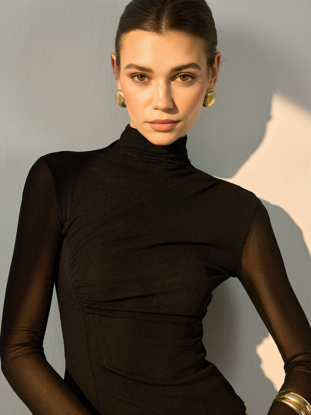 Mock Neck Sheer Sleeve Skinny T-Shirt  Liora Lane Boutique T-Shirts