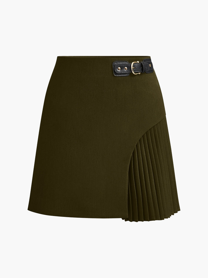 Side Pleated Buckle Belted Skirt  Liora Lane Boutique Skirts Dark Green / XL 39.00
