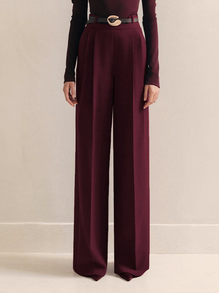 Metal-Belt Pleated High-Waist Pants  Liora Lane Boutique Pants Burgundy / XL 49.00