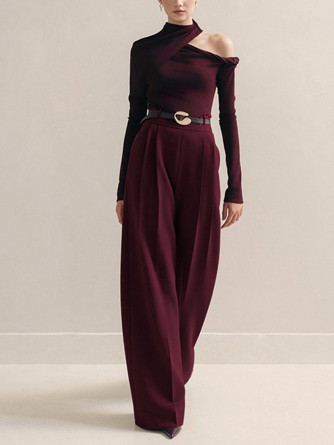 Metal-Belt Pleated High-Waist Pants  Liora Lane Boutique Pants