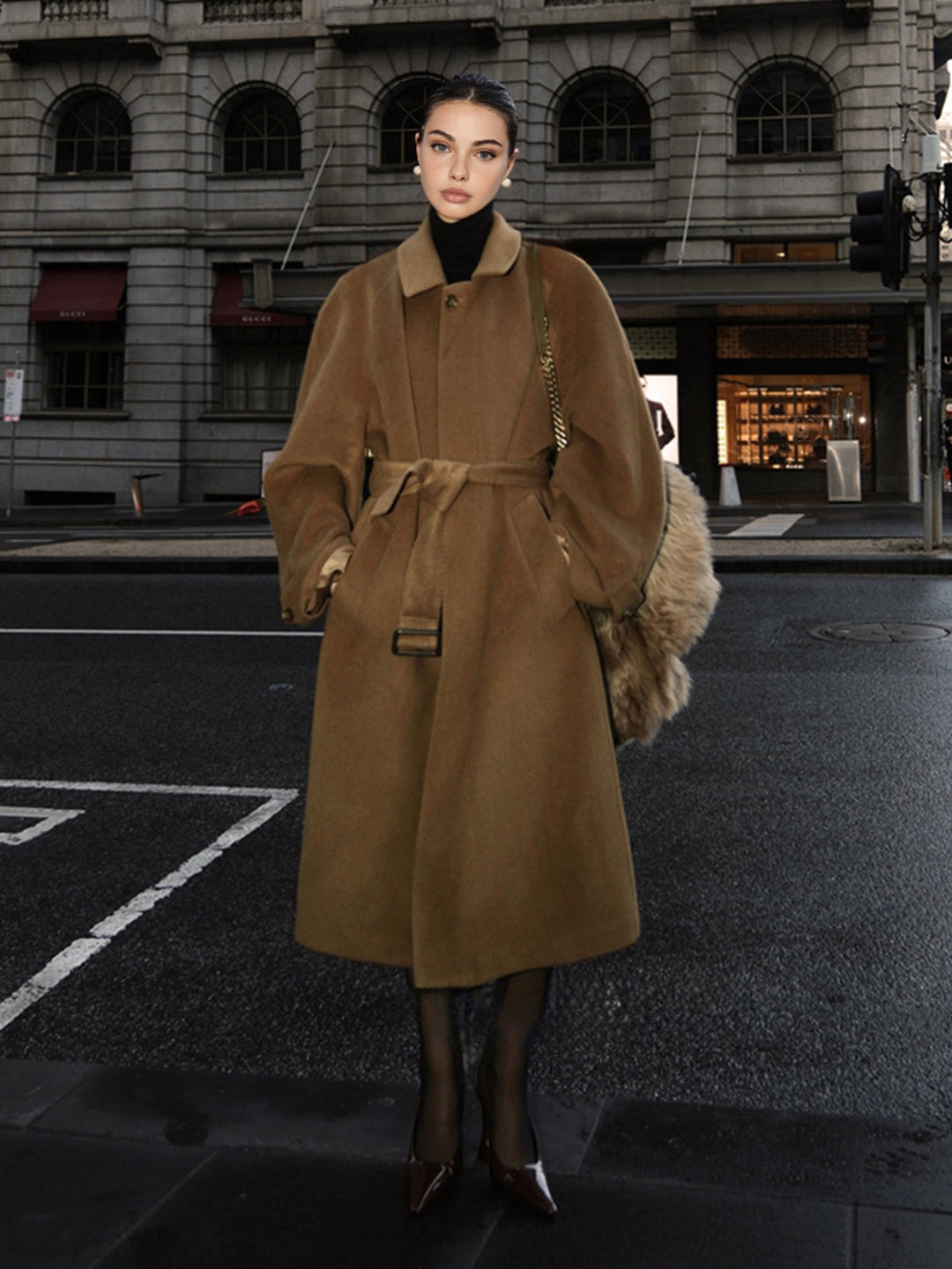 Button Belted Lapel Long Coat  Liora Lane Boutique Wool Coats