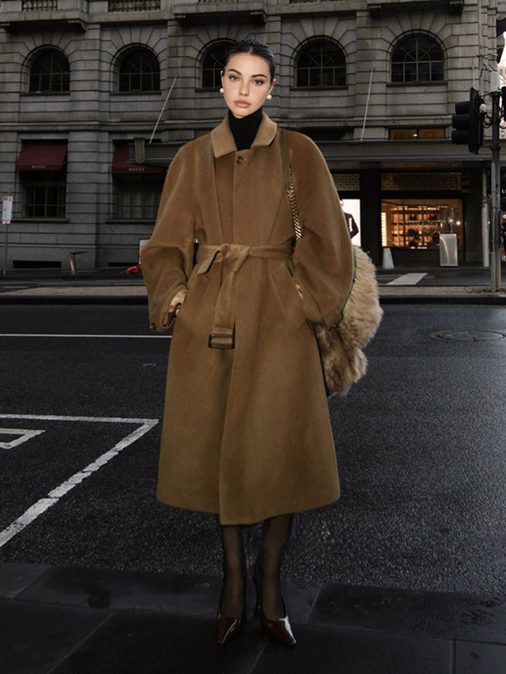 Button Belted Lapel Long Coat  Liora Lane Boutique Wool Coats