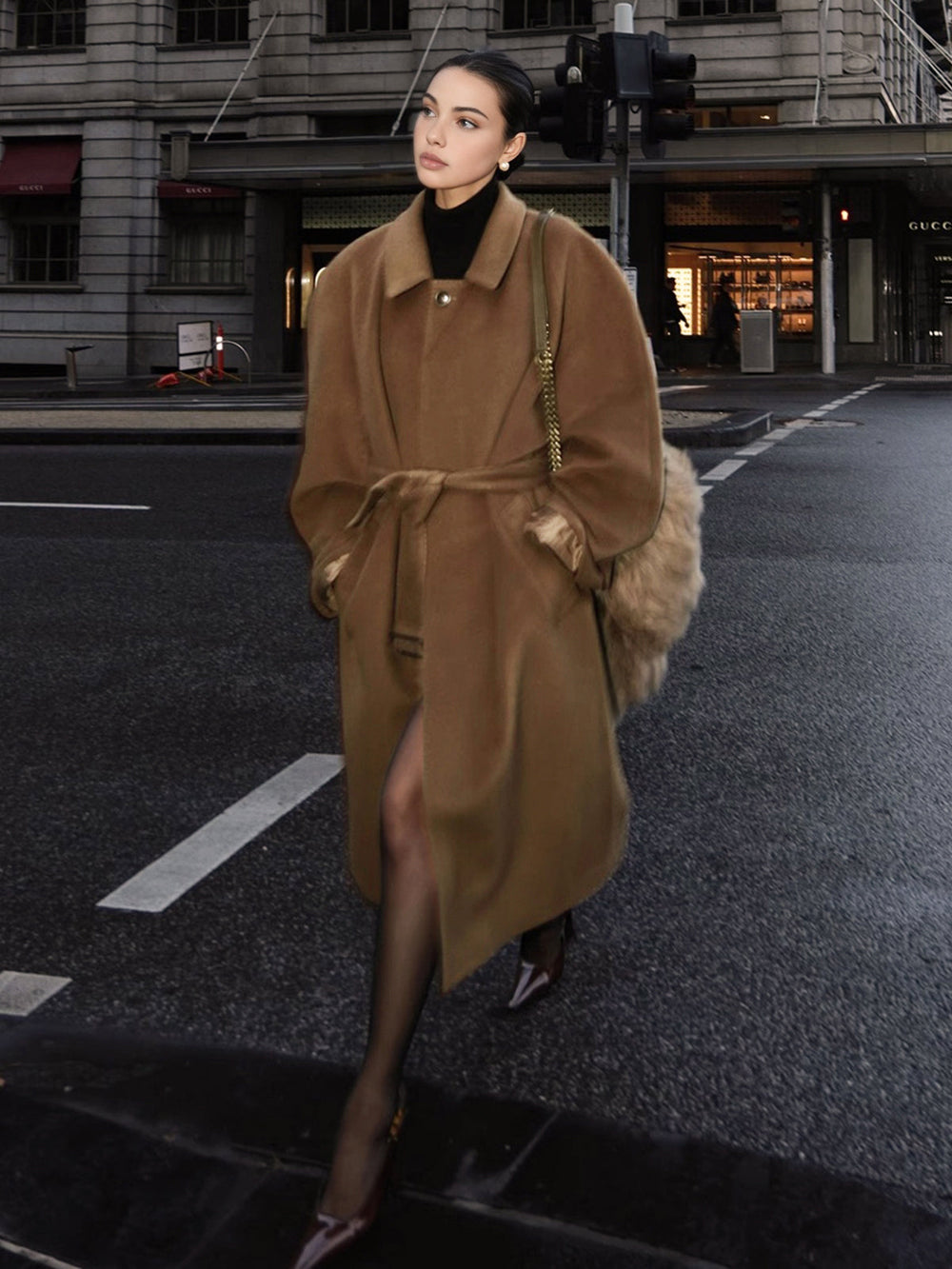 Button Belted Lapel Long Coat  Liora Lane Boutique Wool Coats