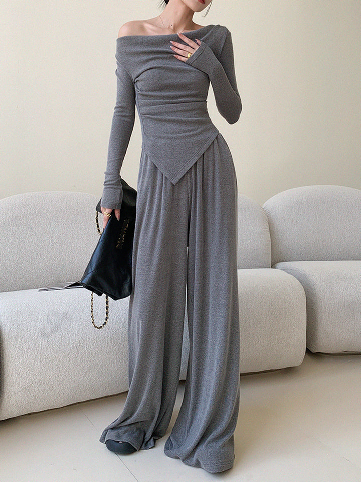 Plain Asymmetrical Draped Pants Set  Liora Lane Boutique Pant Sets Grey / XL 156.99
