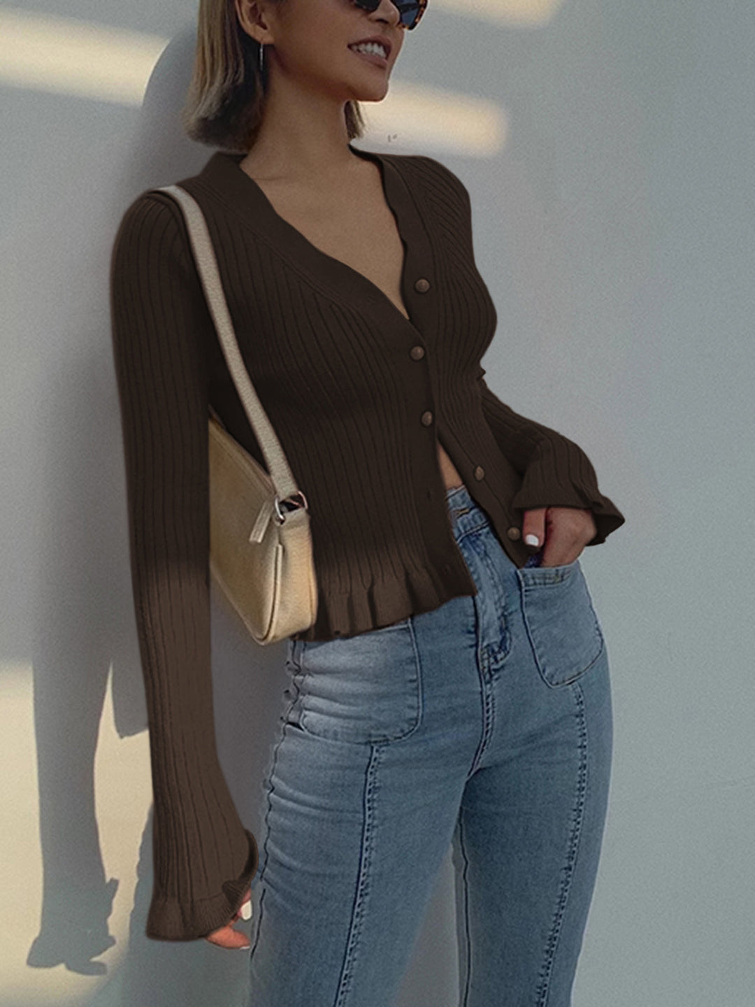 Ruffled Trim Pearl Button Long Sleeve Cardigan  Liora Lane Boutique Cardigans Light Brown / XL 36.00