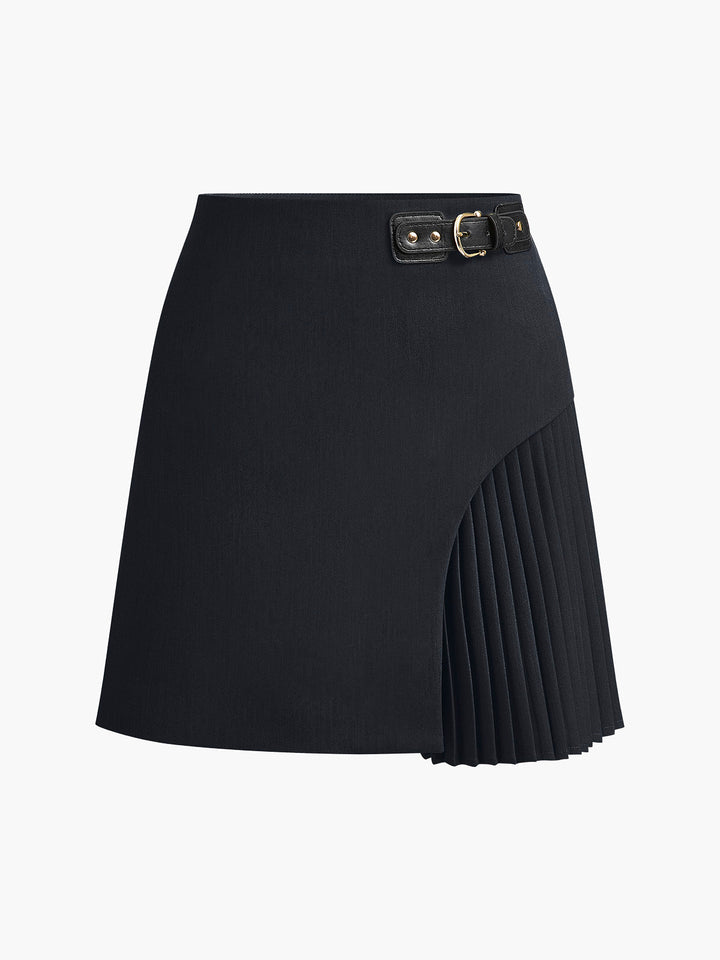 Side Pleated Buckle Belted Skirt  Liora Lane Boutique Skirts Navy / XL 39.00