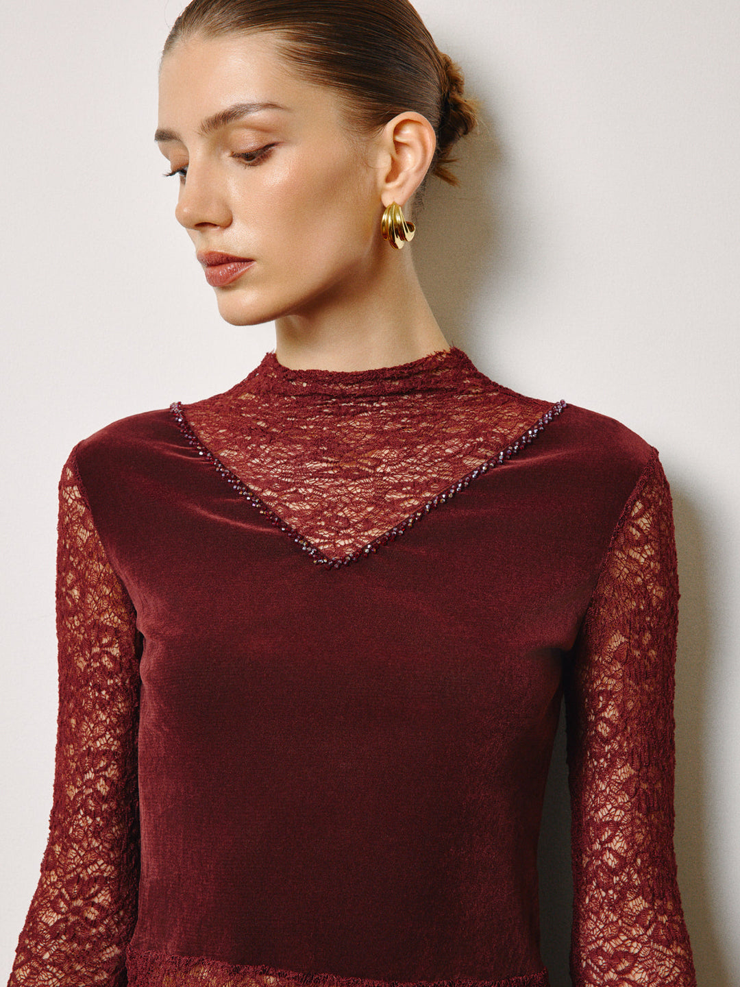 Semi-Sheer Rhinestone Velvet Panel Lace Slim Top  Liora Lane Boutique T-Shirts