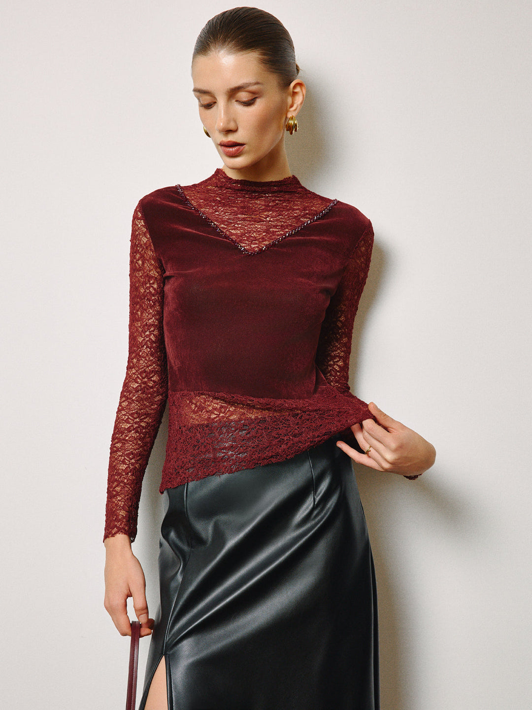 Semi-Sheer Rhinestone Velvet Panel Lace Slim Top  Liora Lane Boutique T-Shirts Burgundy / XL 36.00
