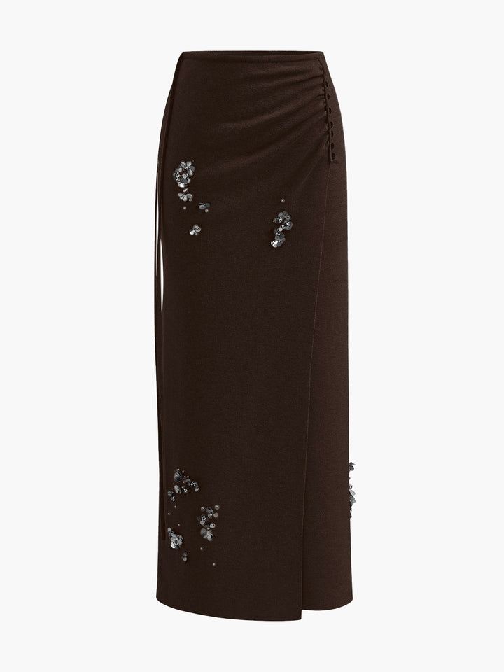 Wool-Blend Pleated Sequins Sweater Skirt  Liora Lane Boutique Sweater Skirts Dark Brown / XL 54.00