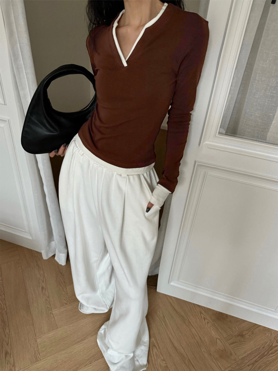 2 in 1  V-Neck Contrast Trim Jersey Top  Liora Lane Boutique T-Shirts Brown / XL 36.00