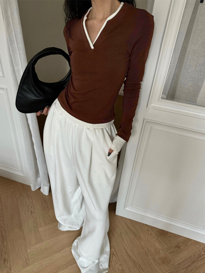 2 in 1  V-Neck Contrast Trim Jersey Top  Liora Lane Boutique T-Shirts Brown / XL 36.00