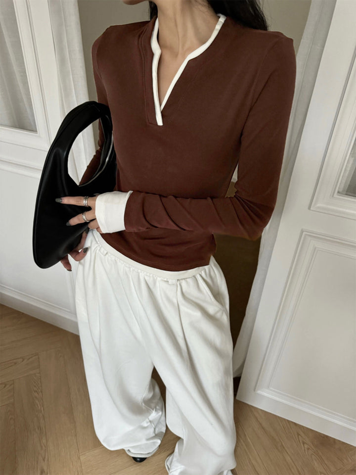 2 in 1  V-Neck Contrast Trim Jersey Top  Liora Lane Boutique T-Shirts