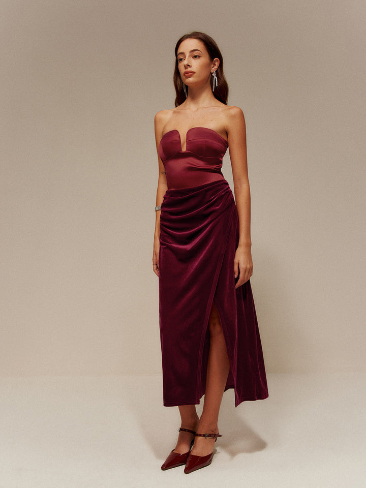 Satin Panel Velvet Pleated Tube Dress  Liora Lane Boutique Dresses