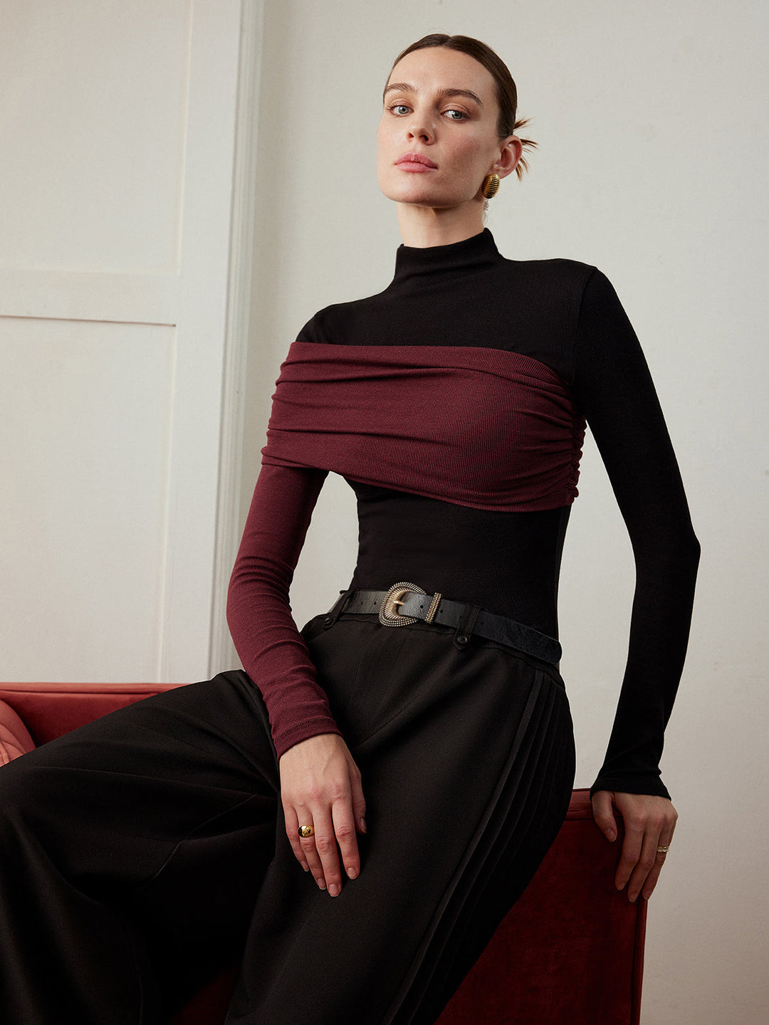 Color Block Pleated Jersey Slim Top  Liora Lane Boutique T-Shirts