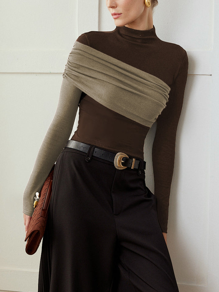 Color Block Pleated Jersey Slim Top  Liora Lane Boutique T-Shirts Khaki / XL 29.00