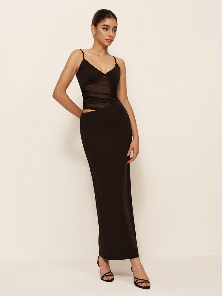 Semi-Sheer Low V-Neck Asymmetrical Ruched Dress  Liora Lane Boutique Dresses Black / XL 46.00