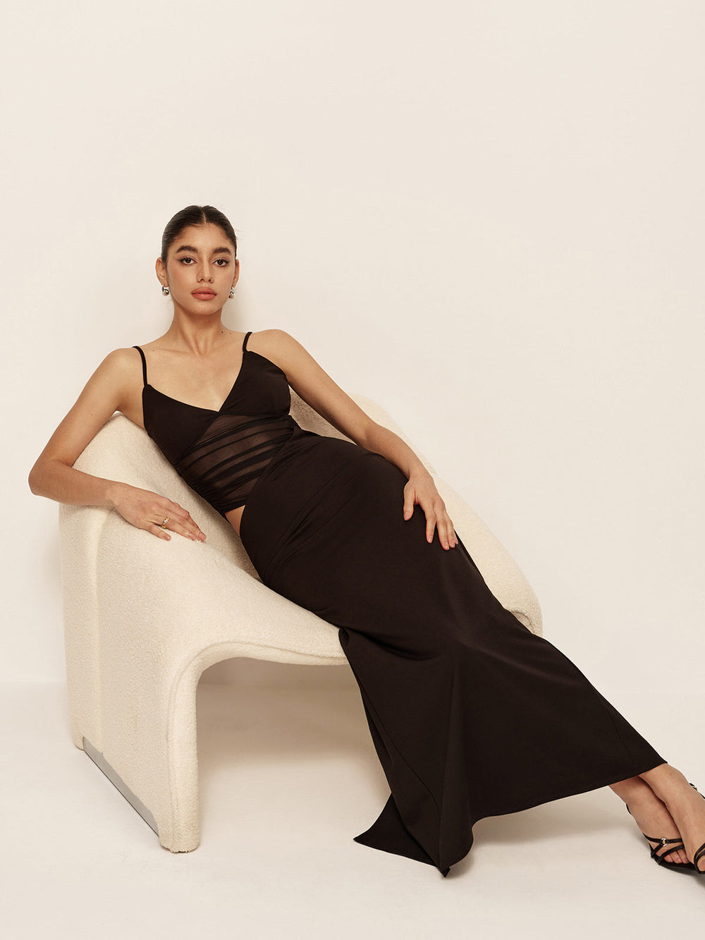 Semi-Sheer Low V-Neck Asymmetrical Ruched Dress  Liora Lane Boutique Dresses