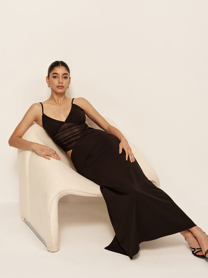 Semi-Sheer Low V-Neck Asymmetrical Ruched Dress  Liora Lane Boutique Dresses